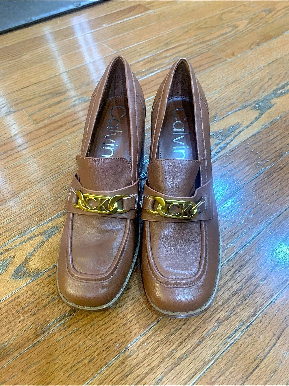 Calvin Klein Roberte Loafer Heel Brown Chain-Link Heels